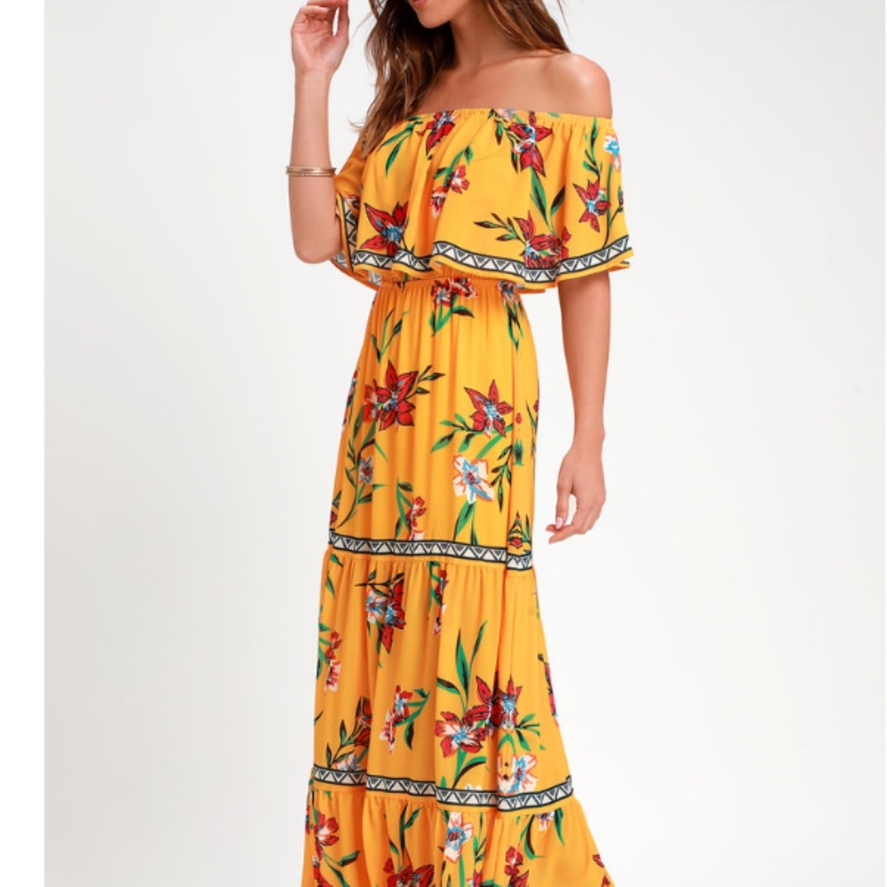 Lulus Cancun Cutie Yellow Floral Print Off-the-Shoulder Maxi Dress  Size S